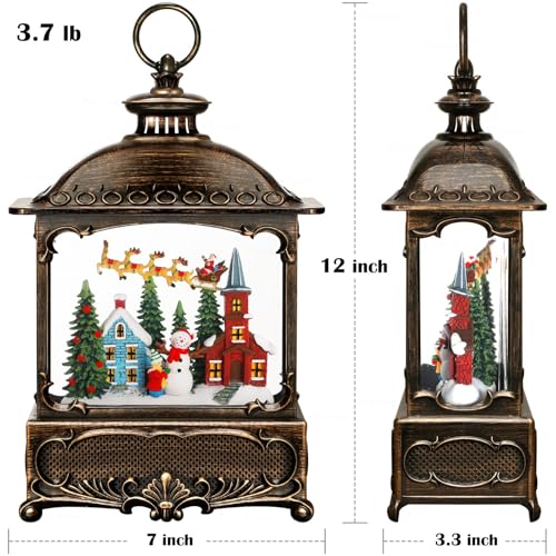 12-Inch Christmas Snow Globe Lantern with Musical Village Scene and Timer
