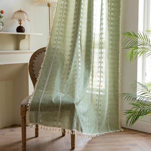 BCLBUSTE Sage Green 52x84in Boho Linen Curtain Panels (2) – Semi-Sheer Light Filtering