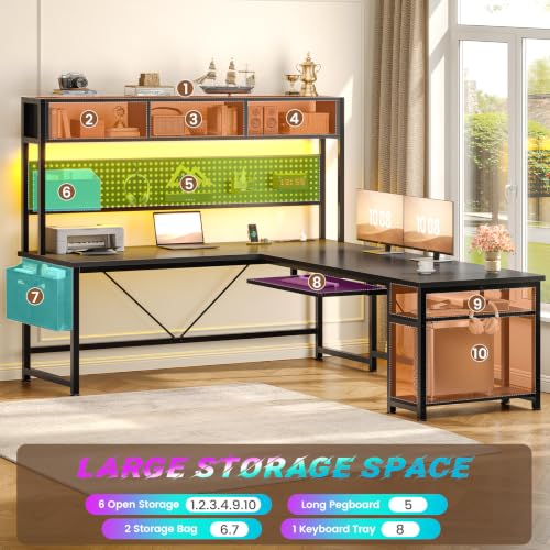 SEDETA 67-Inch L-Shaped Gaming Desk with Power Outlet, Pegboard & LED Lights - Black with Power Outlet and Pegboard