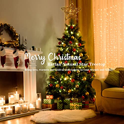 Natural Rattan Star Christmas Tree Topper with 50 Warm LED Lights