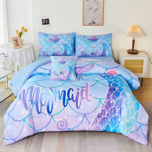 6-Piece Mermaid Tail Comforter Set - Twin Size Colorful Fish Scale Bedding
