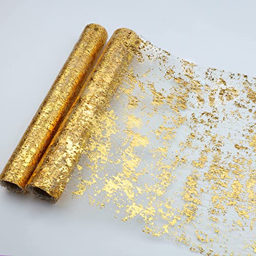 Metallic Gold Sequin Table Runner 11x108 Inch - 2 Piece Mesh Set