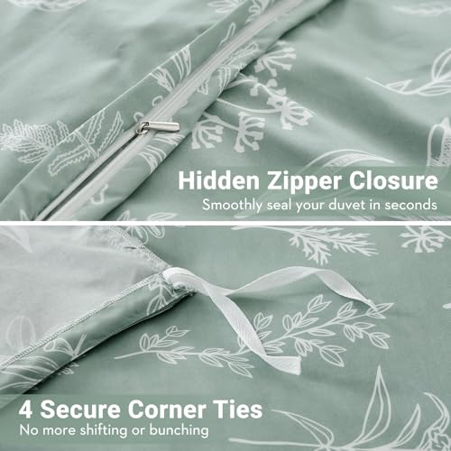 Reversible Green Floral Duvet Cover Set Queen - 3-Piece Microfiber Bedding