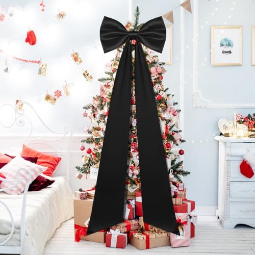 Juinte Extra Large Black Satin Christmas Bow Tree Topper, 23.6'' x 15.8'', 90'' Tassel