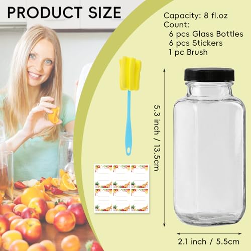 8 oz Glass Juice Bottles with Leakproof Lids - 6-Pack Reusable Jars