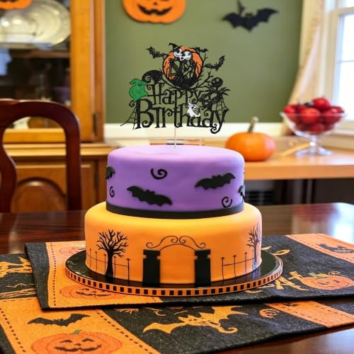 Halloween Cake Topper Jack and Sally Spider Web Bat for Nightmare Before Christmas Party - Design 15