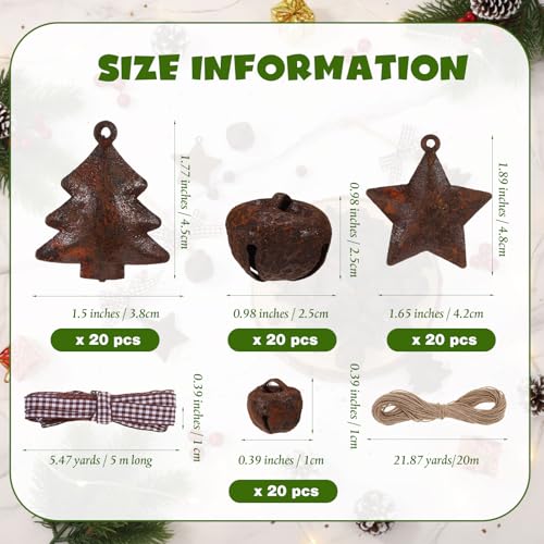 Classic 82 Pcs Rusty Metal Bells Christmas Kit with Jute Twine & Stars