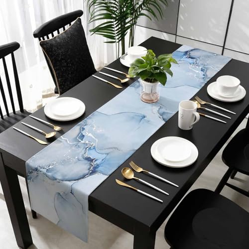 Marble Table Runner 72 Inch Blue & Grey Farmhouse Decor Burlap Cotton