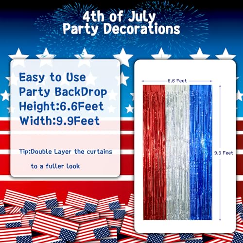 Red White & Blue Foil Fringe Curtains (3 Pack) - Patriotic Party Backdrop