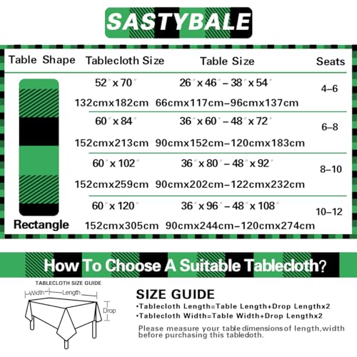 SASTYBALE Checkered Christmas Tablecloth 60x120 in Green & Black with Flannel Backing, Waterproof Snowflake Design