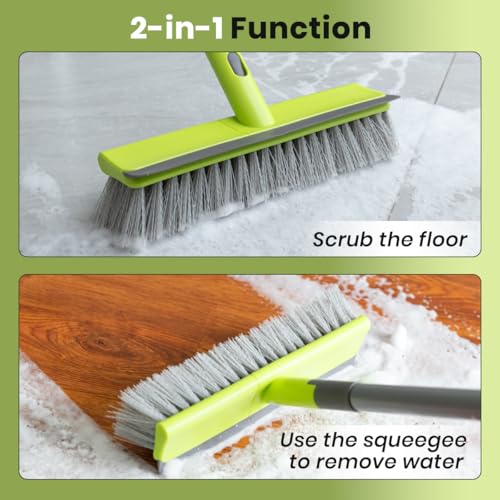 Floor Scrub Brush with 57" Long Handle & Squeegee - 2-in-1 Deck Scrubber