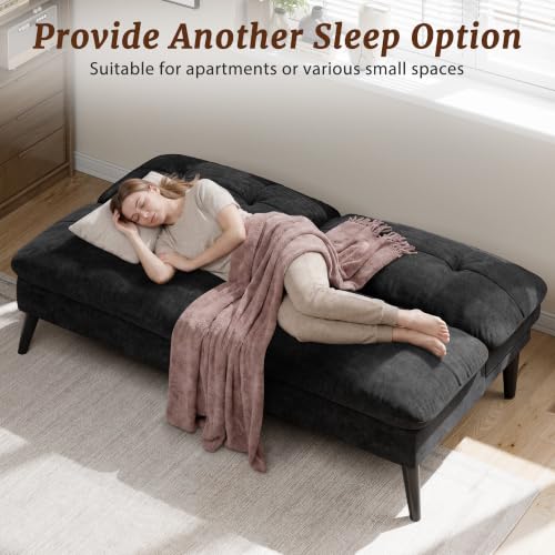 Convertible Velvet Futon Sofa Bed, Adjustable Reclining Couch for Small Spaces