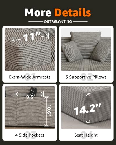 79.5" Oversized Corduroy Chaise Lounge Sleeper Sofa with 3 Pillows