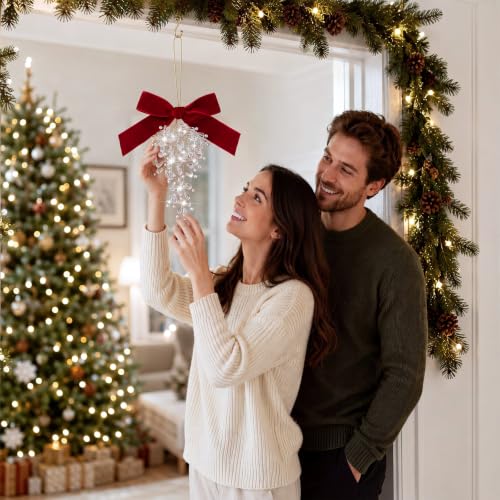 Mifoci 4-Pack 8.5-Inch Christmas Crystal Mistletoe Ornaments with Burgundy Bows
