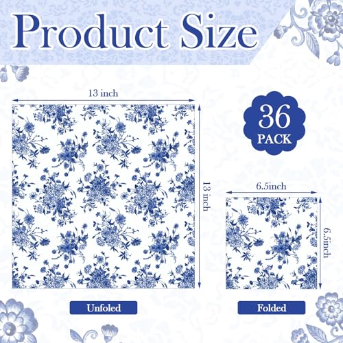 36 Pack Blue and White Floral Decoupage Napkins, 13-Inch Chinoiserie Paper