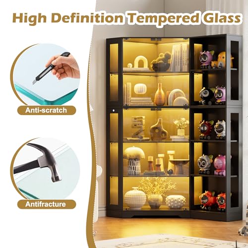 Corner Glass Display Cabinet with LED Lights and Adjustable Shelves