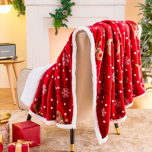 Ramees Christmas Throw Blanket - Cozy Fleece Holiday Blanket with Reindeer & Snowflakes