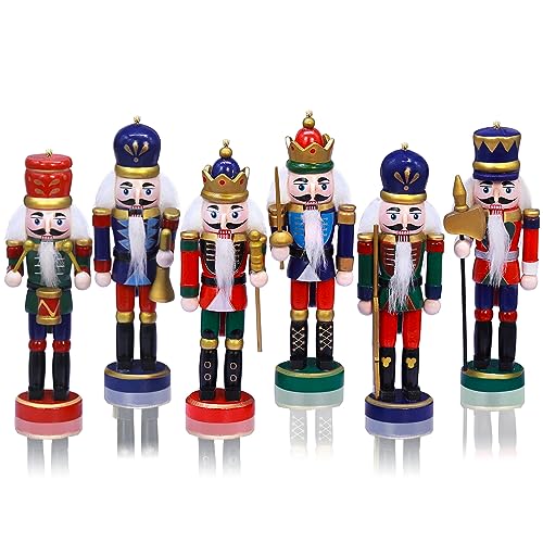 Wooden Christmas Nutcracker Ornaments Set of 6 - 5-Inch Xmas Tree Decor