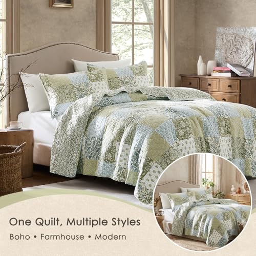 100% Cotton Reversible Quilt Set - Queen Size Floral Bedspread with 2 Shams