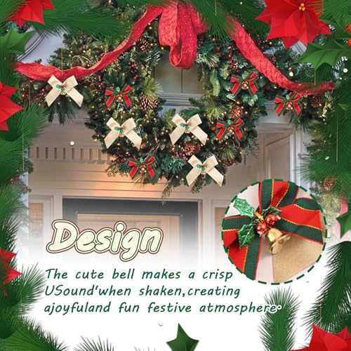 Hisgeru 12 Pcs Champagne Christmas Ribbon Bows with Bells - Small Holiday Decor