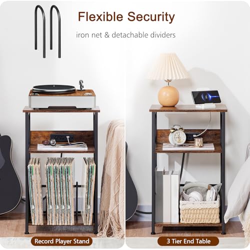 Record Player Stand with Charging Station & 3-Tier Vinyl Storage Table