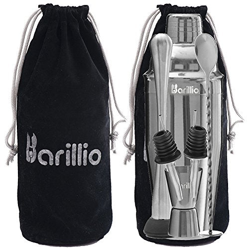 Barillio Silver 8-Piece Travel Cocktail Shaker Set with Bag, Muddler & Bar Tools