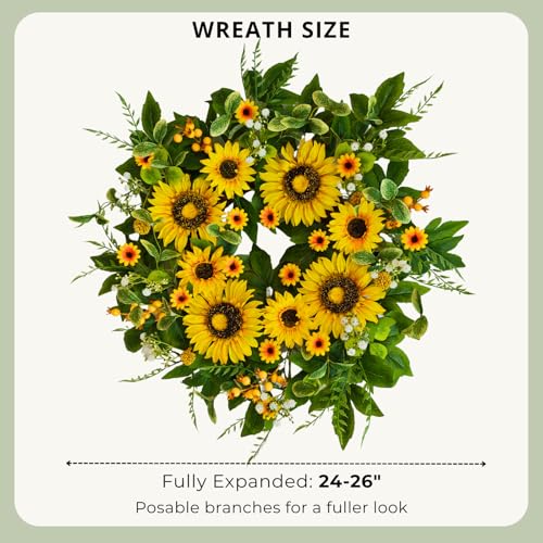 Sunflower Wreath for Front Door 24 Inch Spring Summer Outdoor Decor Handmade