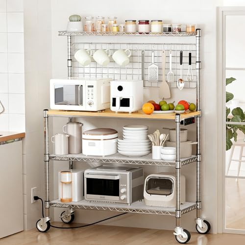 4-Tier Bakers Rack with Power Outlet, Kitchen Microwave Stand on Wheels