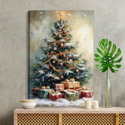 Christmas Tree Wall Art Canvas Painting - Snowy Holiday Decor, 16x24 inches