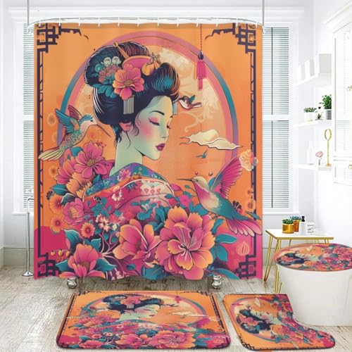 Japanese Geisha 4-Piece Bathroom Decor Set - Shower Curtain & Bath Rugs
