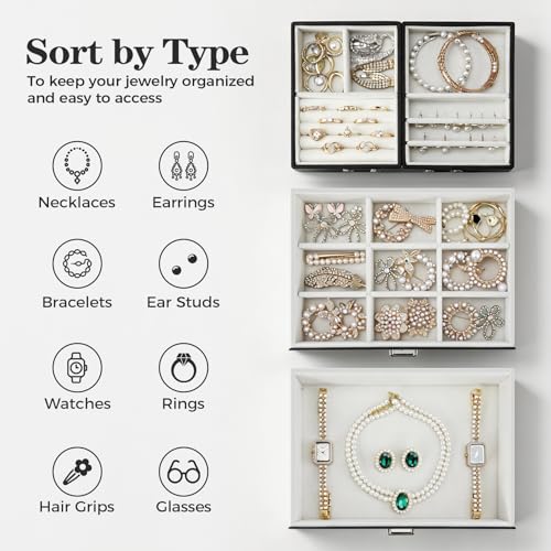 3-Layer Jewelry Organizer Box with Drawer, Large PU Leather Storage Case