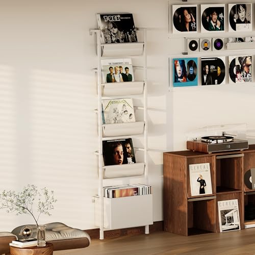 5-Tier Wall Mounted Kids Bookshelf with Storage Bin, Slim Ladder Shelf