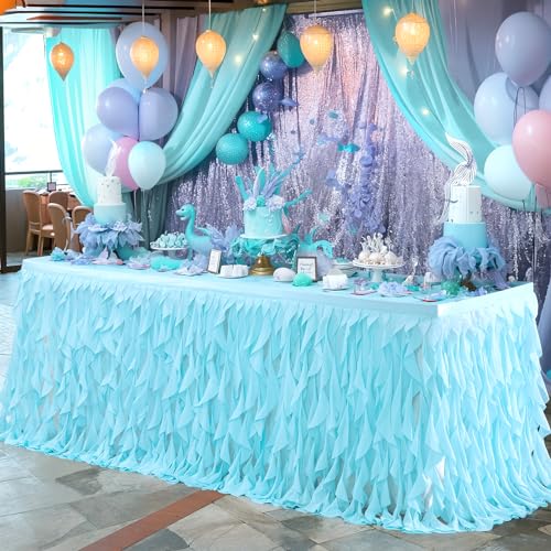 Aqua Blue Curly Willow Tulle Table Skirt - 6ft Ruffle Tutu for Party Decor