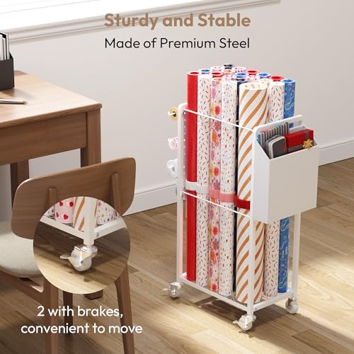 Rolling Wrapping Paper Storage Cart with Ribbon Holder and Slap Bands