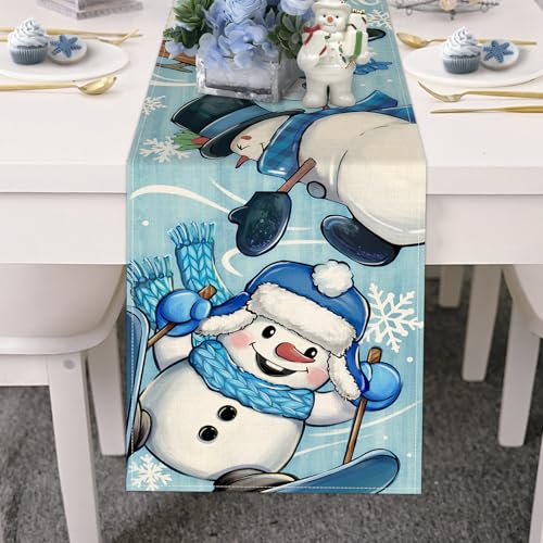 Croar Winter Skiing Snowman Blue Table Runner 13 x 72 in - Christmas Snowflake Decoration