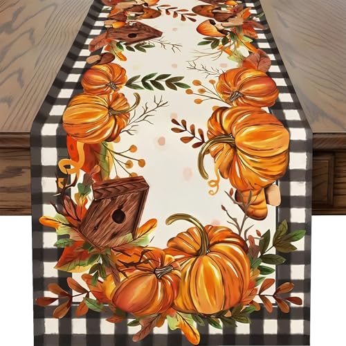 Farmhouse Thanksgiving Table Runner 13x72 Inch with Golden Leaves – Plaid Leaf Decor