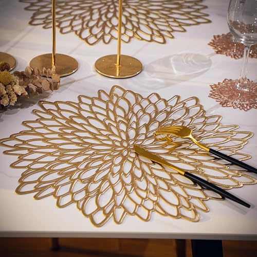 18-Piece Gold Metallic Leaf Placemats, 15-Inch Round Vinyl Table Mats