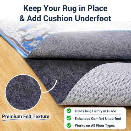 Non-Slip Rug Pad 3x5 Ft, 1/8 Inch Thin Felt & Rubber Backing for Floors