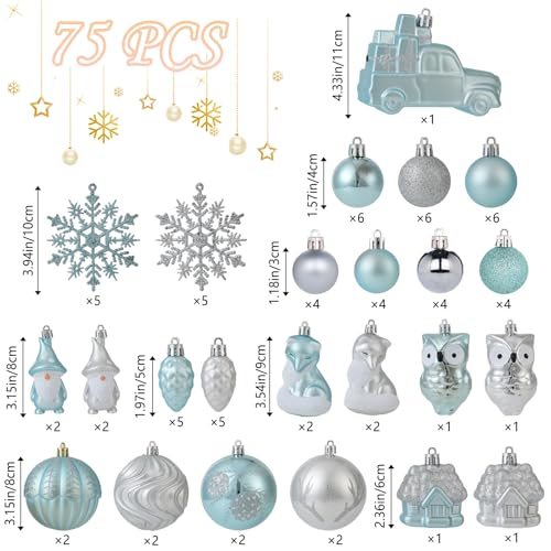 Blue & Silver Christmas Ornaments Set 75PCS Shatterproof Holiday Decor