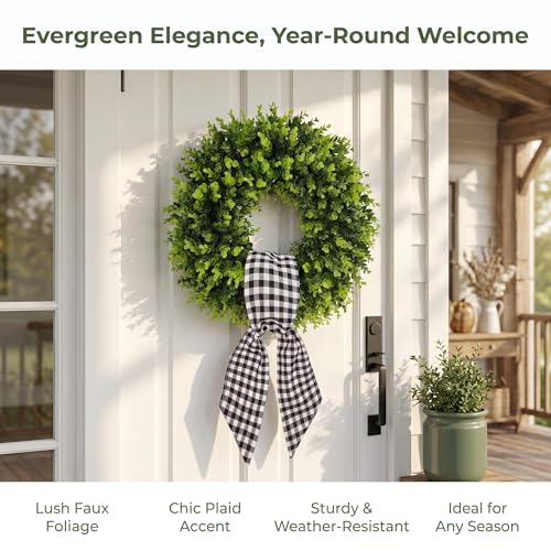 20-Inch Artificial Boxwood Wreath with Buffalo Check Sash for Front Door
