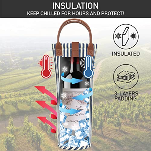 Insulated Single Bottle Wine Bag - Padded Thermal Cooler Tote, Navy Stripe