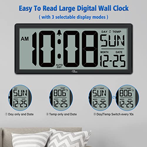 14.5" Large Digital Wall Clock Battery Operated - Auto DST, Temp & Date