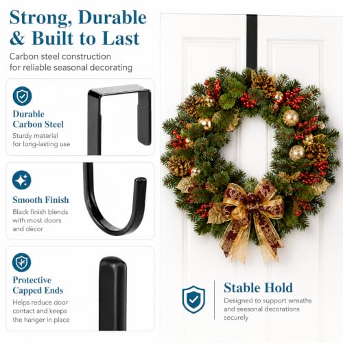 Black Carbon Steel Wreath Hanger - 5 Inch Over the Door Hook for Holiday Decor