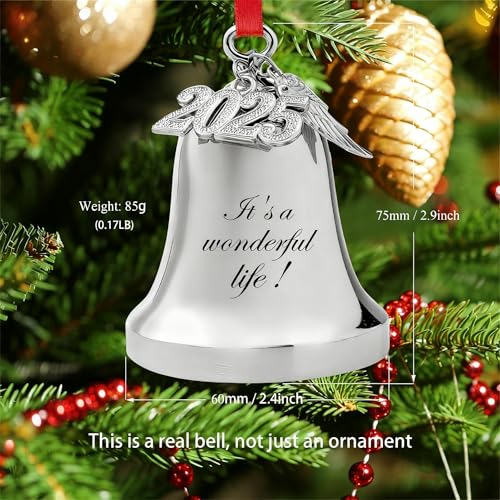 2026 Christmas Bell Ornament with Angel Wing Charm, Silver Metal Keepsake