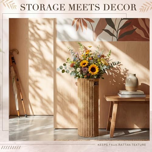 21-Inch Tall Rattan Umbrella Stand with Drip Tray and Hooks