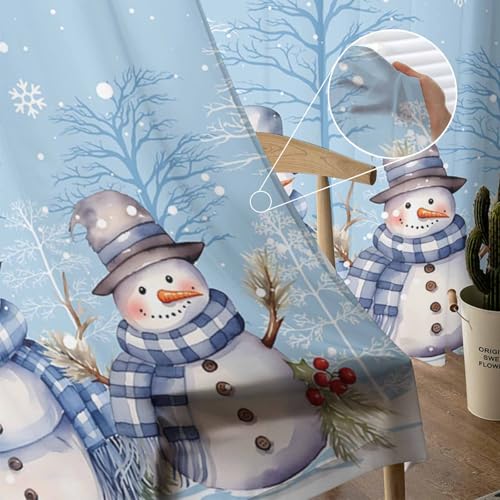 ZOE GARDEN 52x96 Craft Blue Snowman Chiffon Curtains 2-Piece Set, Rod Pocket Voile Panels