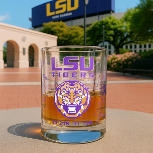 Louisiana State University Tigers Whiskey Glasses Set of 2 - Full-Color Campus Map, 10 oz Rocks Glasses - Officially Licensed Fan Gift