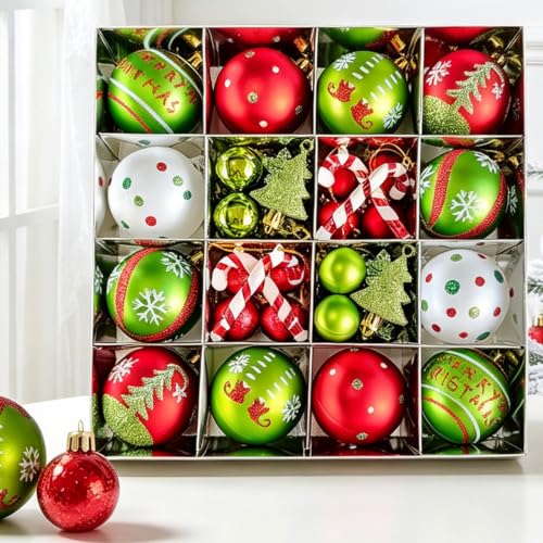 Suphan 51-Piece Christmas Ornaments Set – Red Green White Shatterproof Balls & Candy Canes