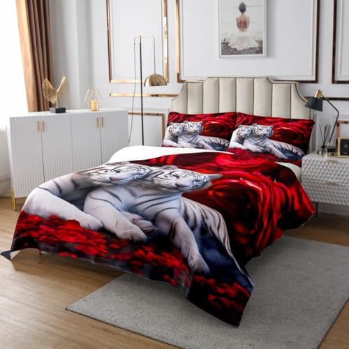 Tiger and Floral Queen Bedspread Set - 3-Piece Lightweight Quilt Coverlet