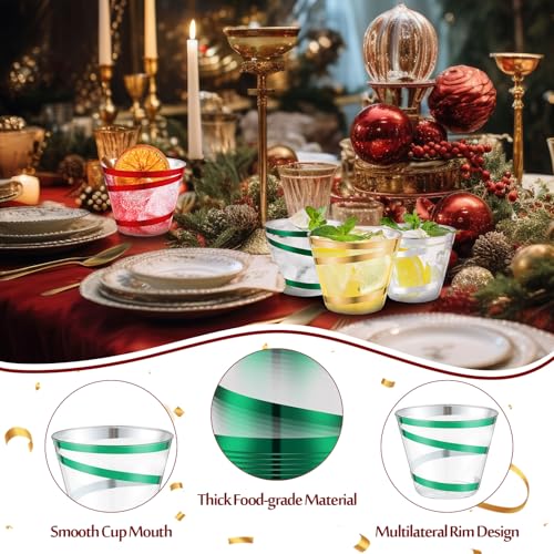 Gejoy 100 Pack 9 oz Rimmed Swirl Plastic Cups - Red, Green, Gold, Silver